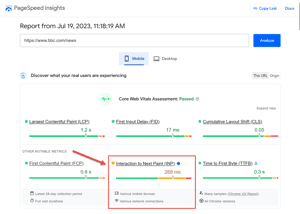 INP Google PageSpeed Insights