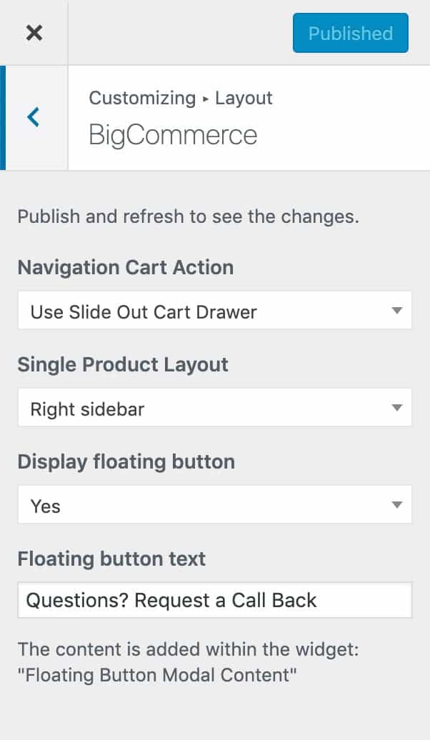Cart sidebar option within the customizer