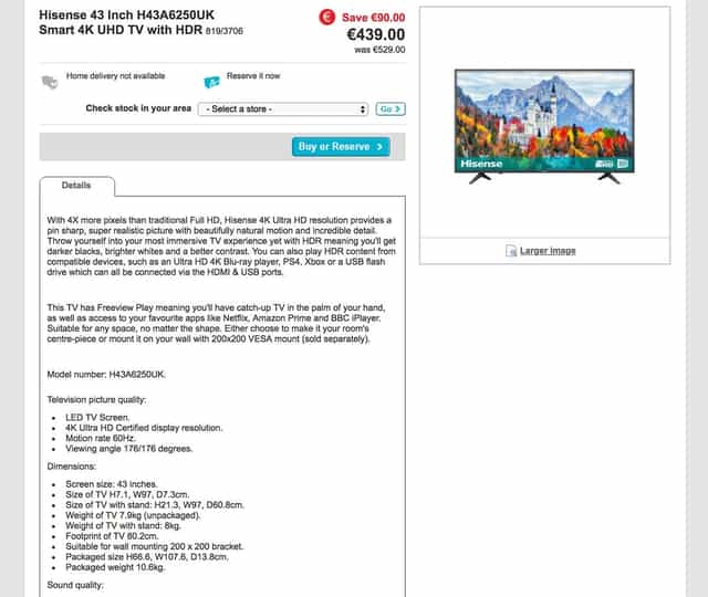 The Argos product page presents a wall of text with bullet points