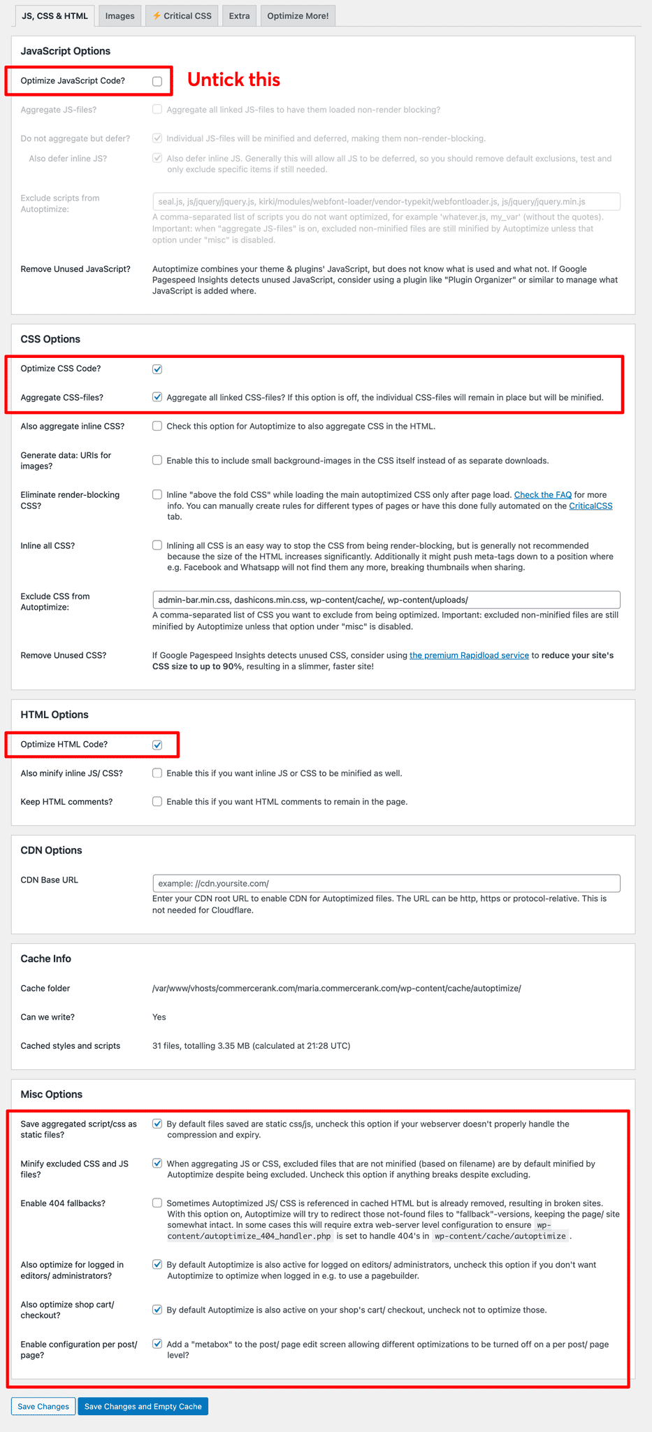 Autoptimize settings