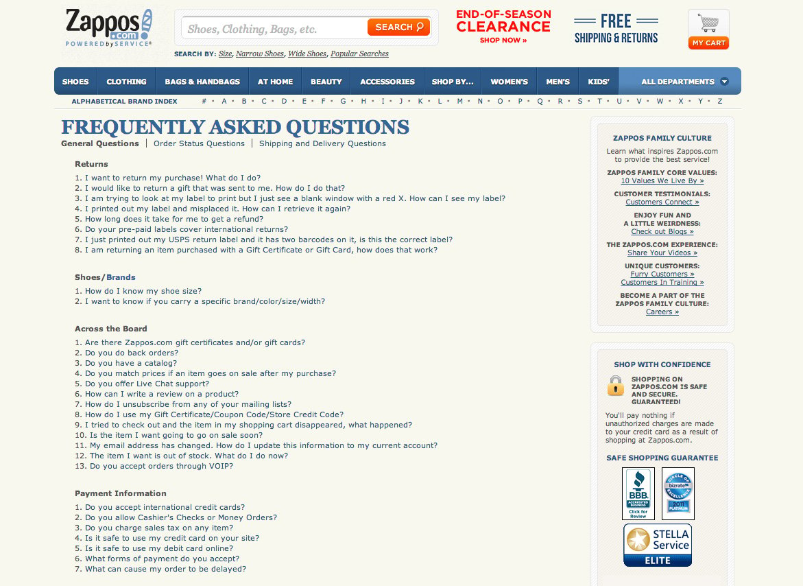 Zappos breaks the questions down into convenient headings.