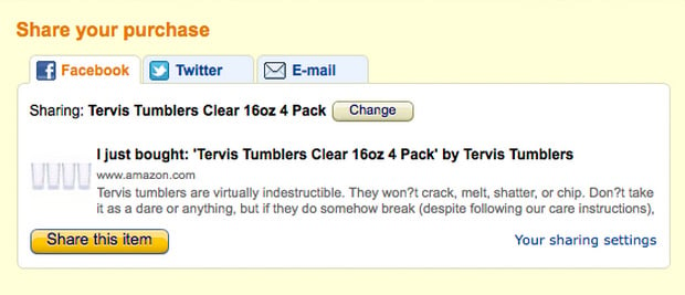 Amazon's sharing widget appears when you've purchased an item