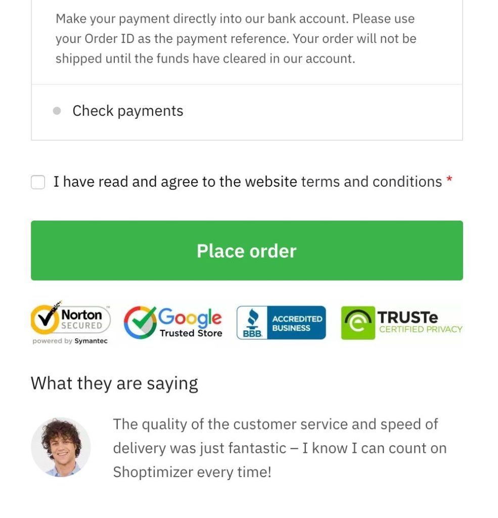 Conversion rate tips - #4: Trust seals on the Shoptimizer checkout screen