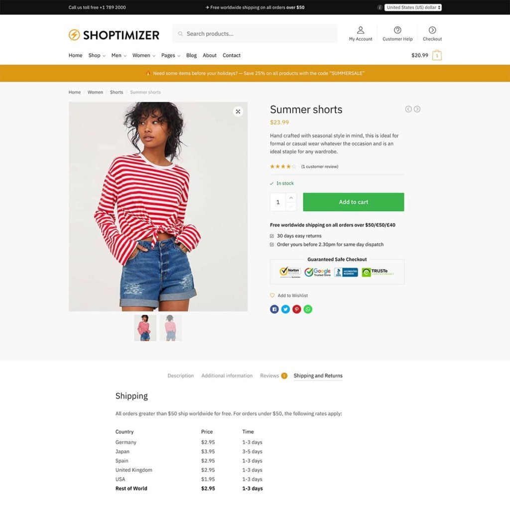 Conversion rate tips - #3: The Shoptimizer single product page includes a section for delivery information below the main add to cart button.