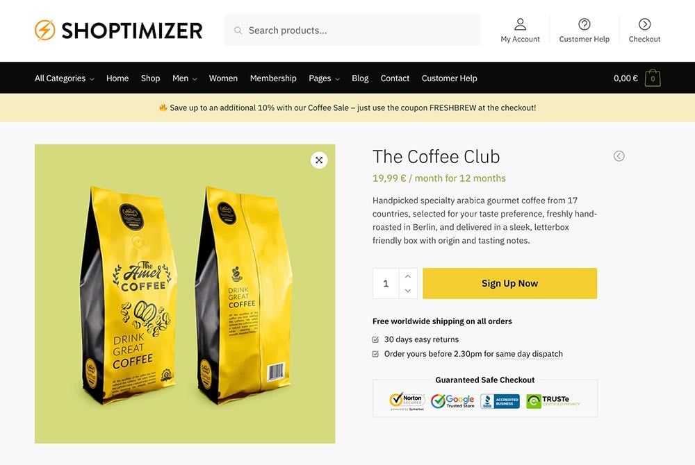 Using the WooCommerce Subscriptions plugin to create a coffee club on Shoptimizer