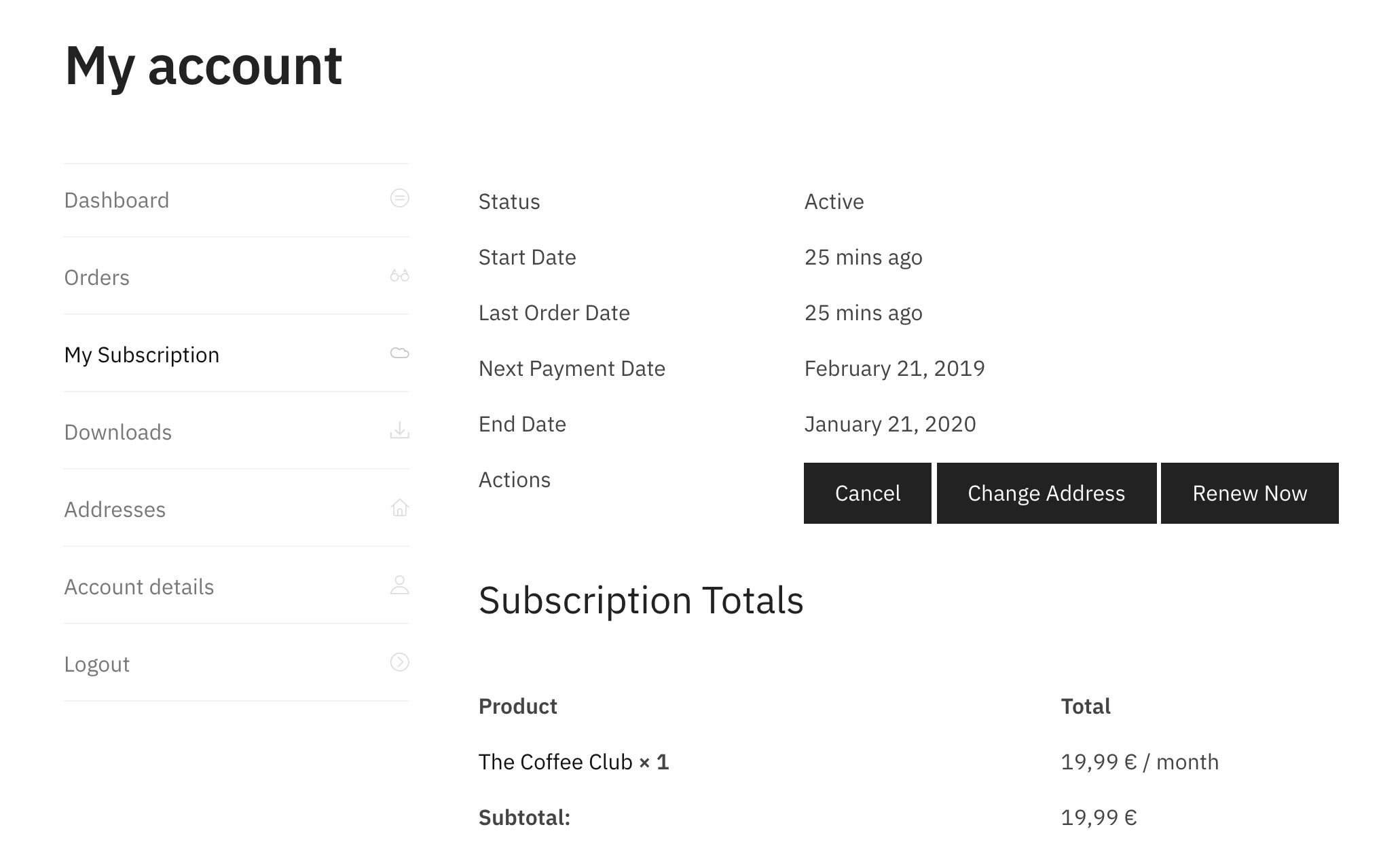 A new WooCommerce Subscription tab within the My Account section