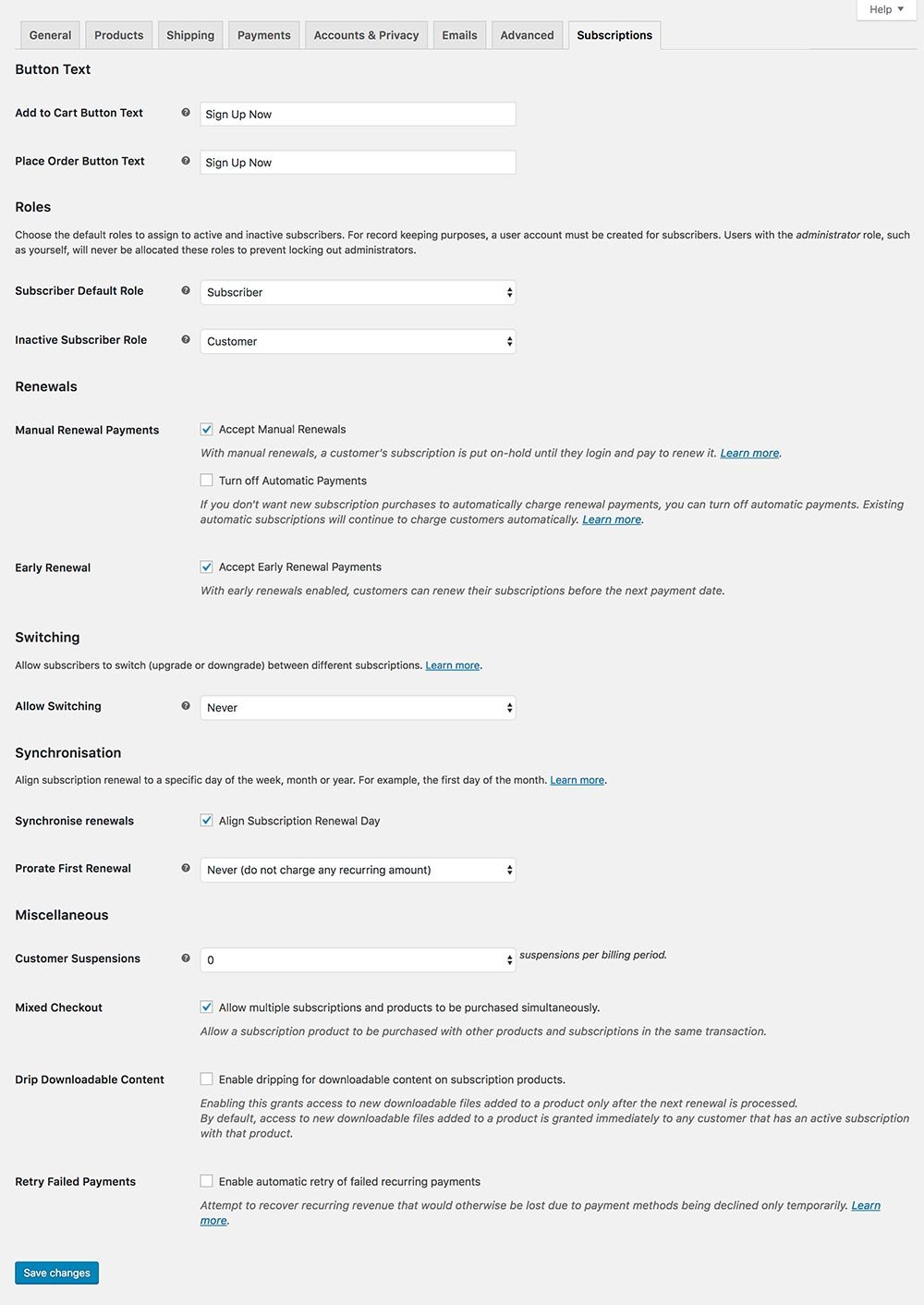 The WooCommerce Subscriptions Options panel