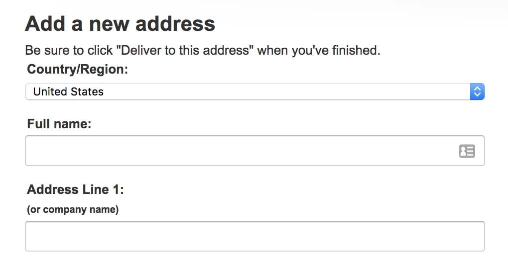 Amazon's checkout form includes Company Name subtext below the Address Line 1 field.