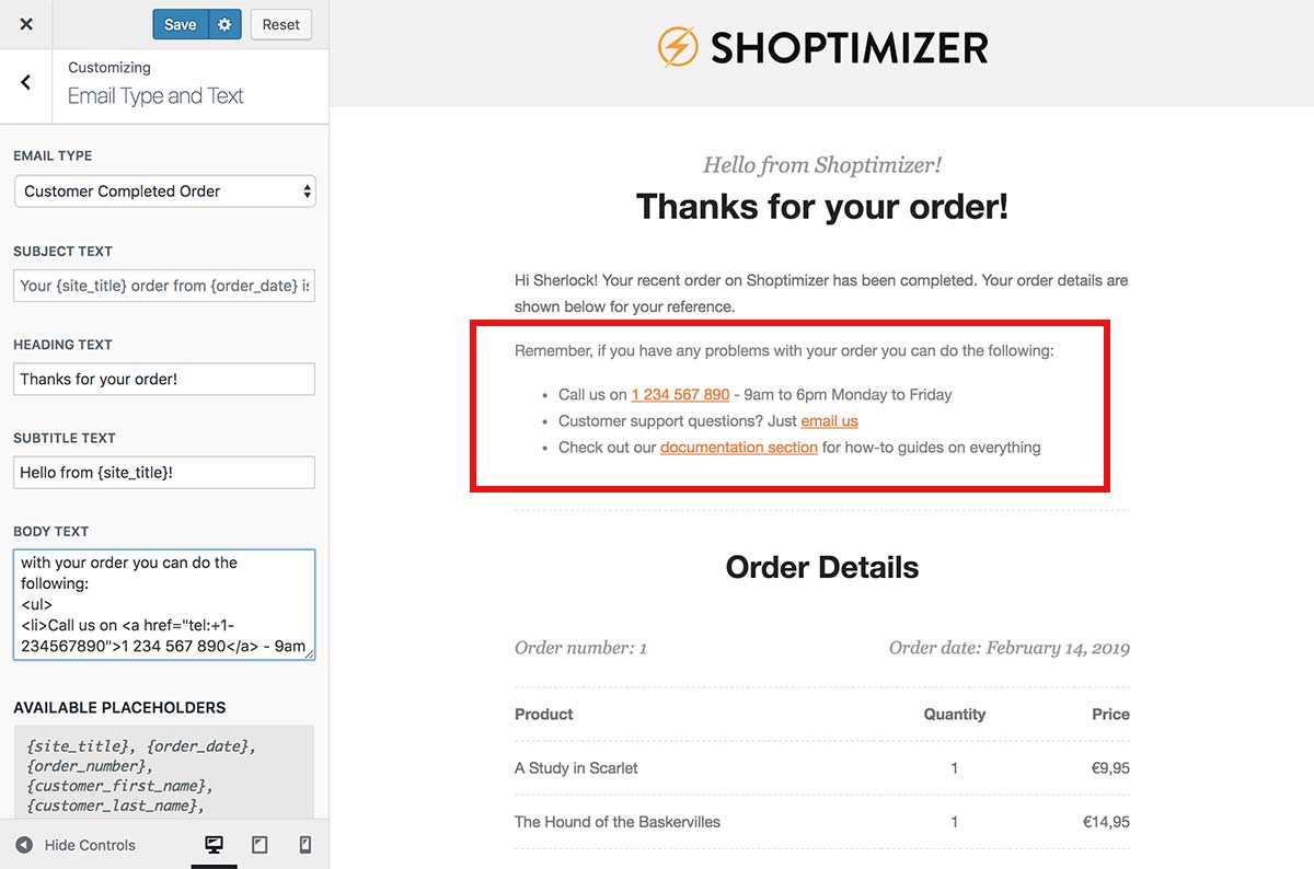 Changing the default WooCommerce email content