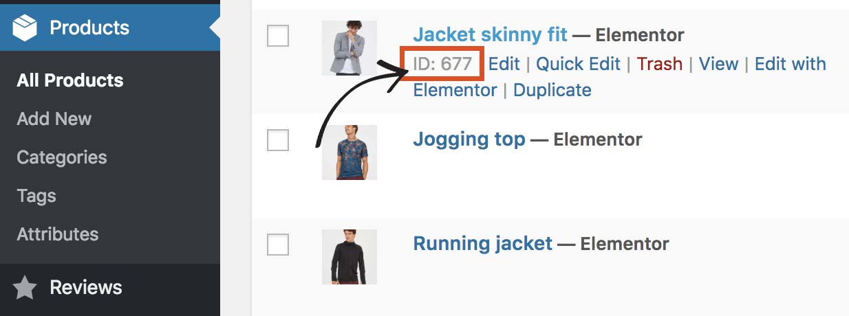 Hover over a product to reveal the ID