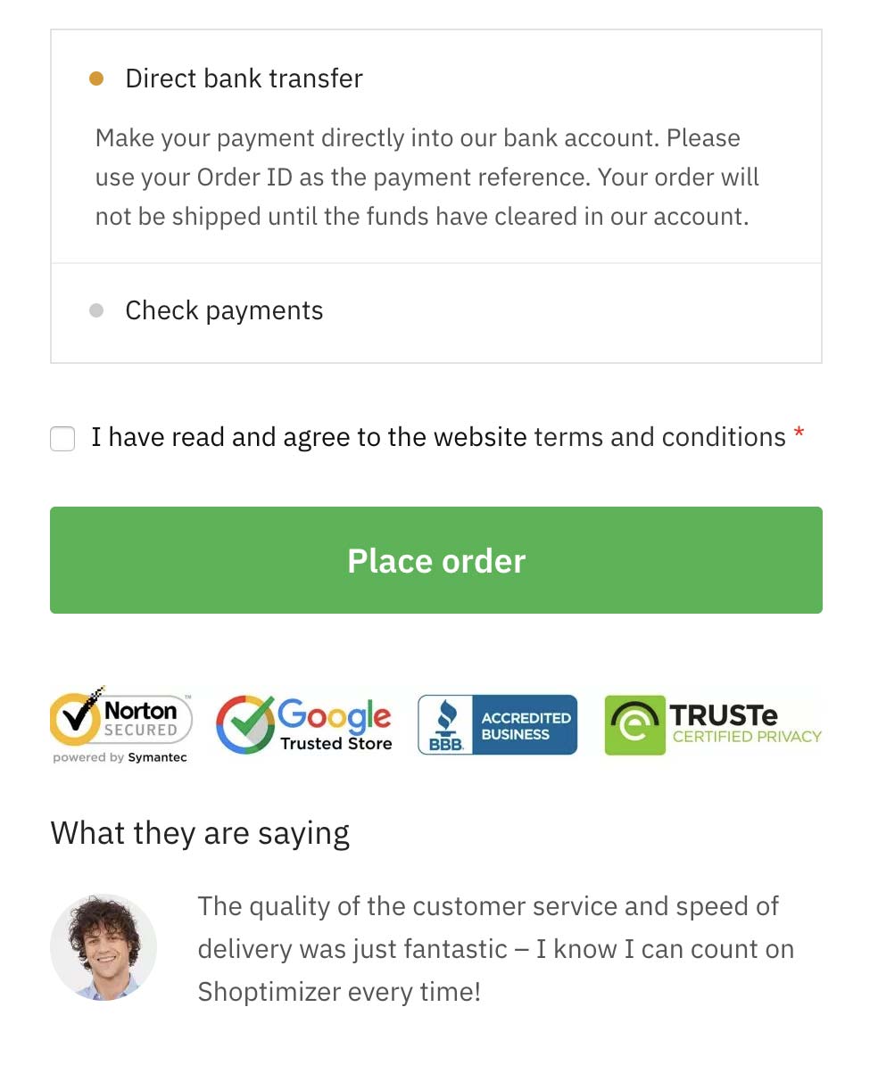 Trust logos and testimonial on the checkout within the Shoptimizer WooCommerce theme