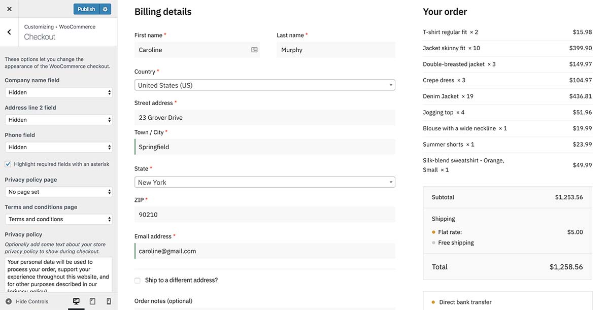 WooCommerce has checkout field options within the customizer