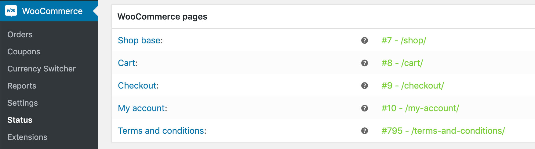 WooCommerce Status - Pages