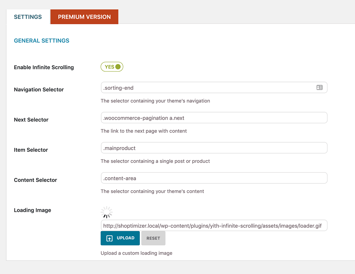 YITH Infinite Scroll Settings