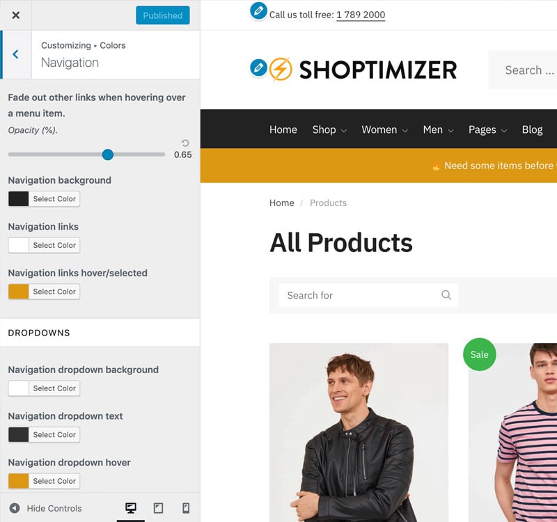 Use the WordPress customizer for instant design changes.