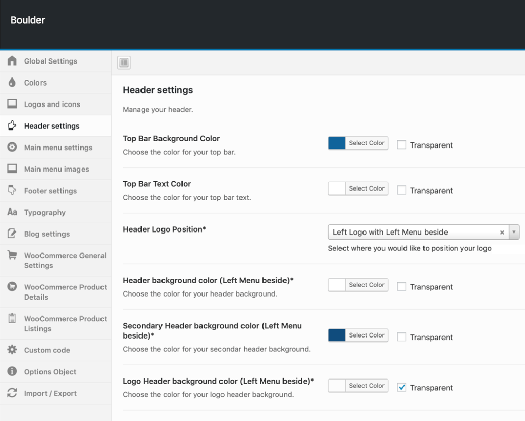 Boulder Header Settings