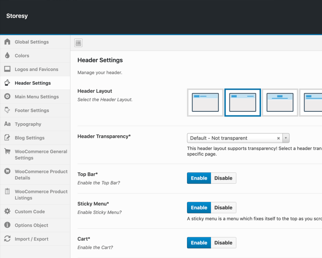 Storesy Header Settings