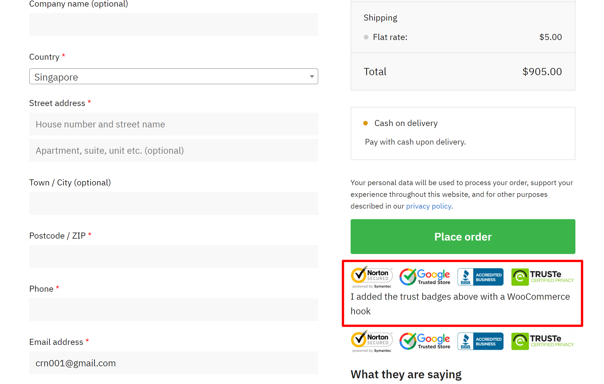 Example of WooCommerce hooks on the checkout page