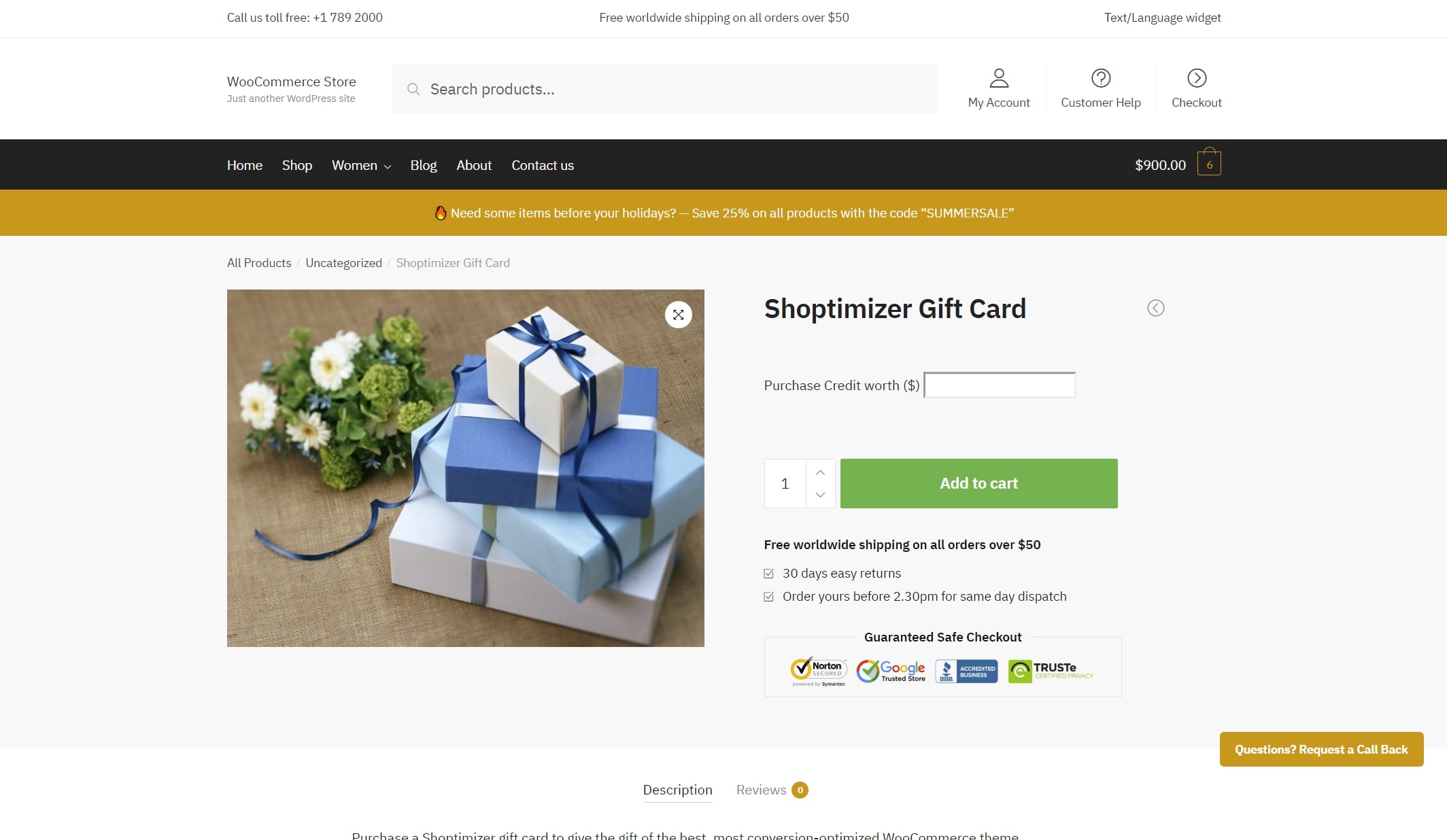 WooCommerce gift card example