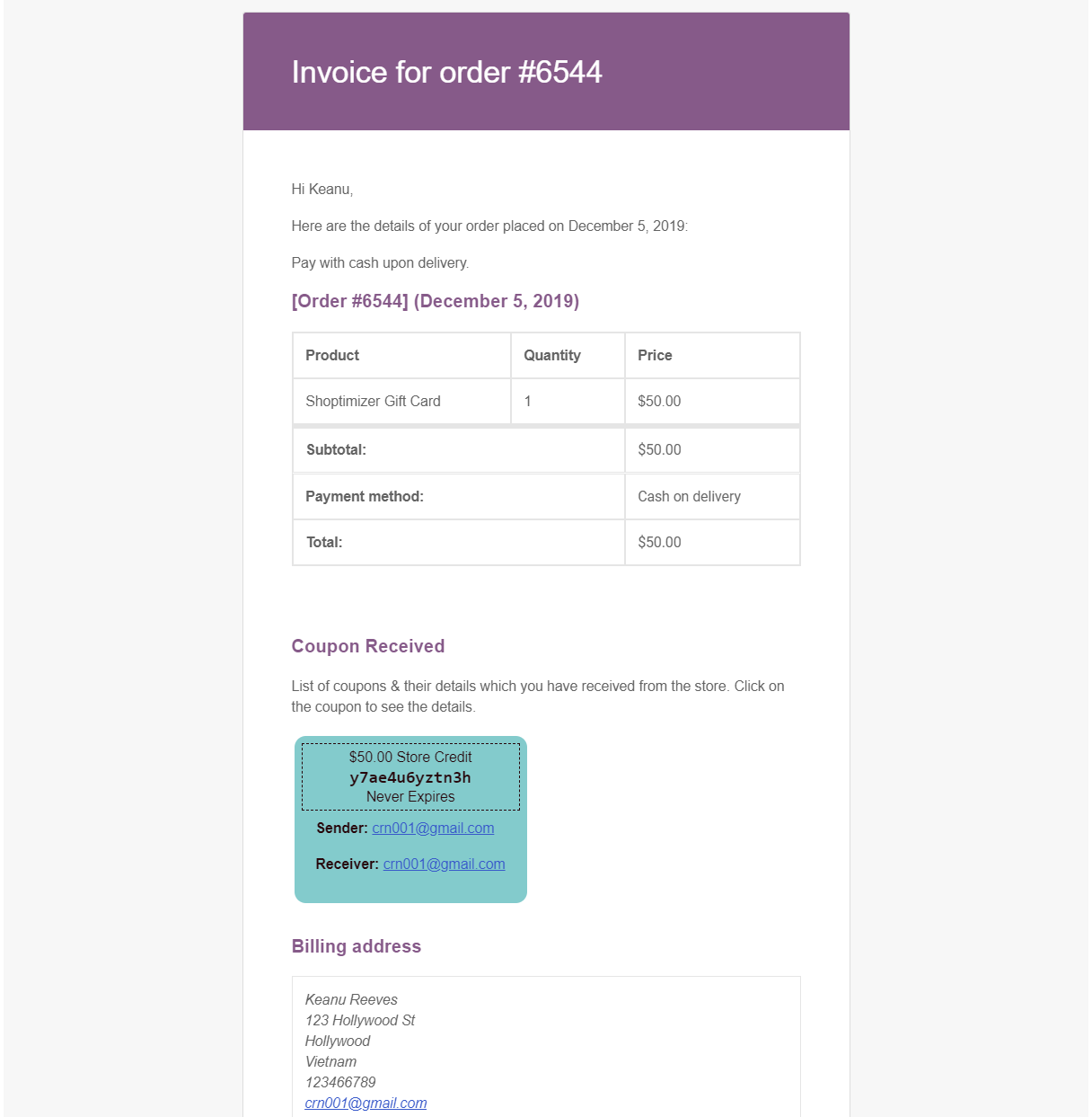 WooCommerce gift card email