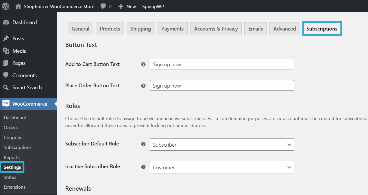 WooCommerce Subscriptions settings