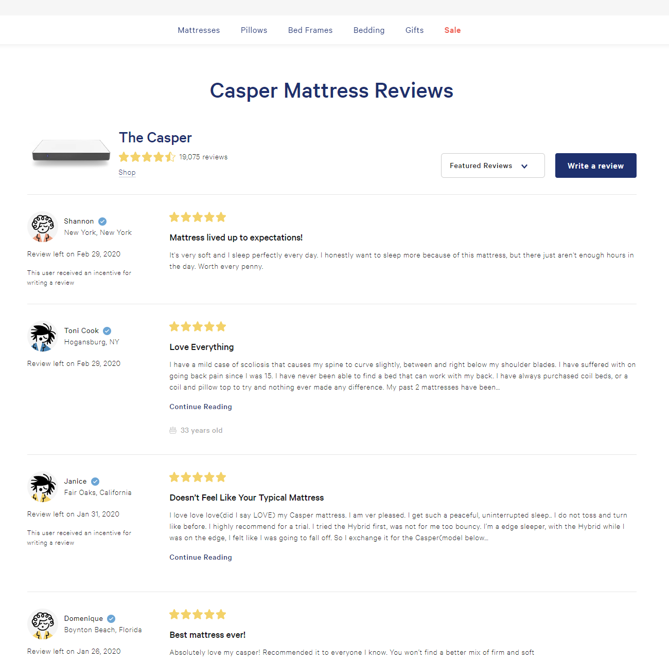 Casper reviews landing page