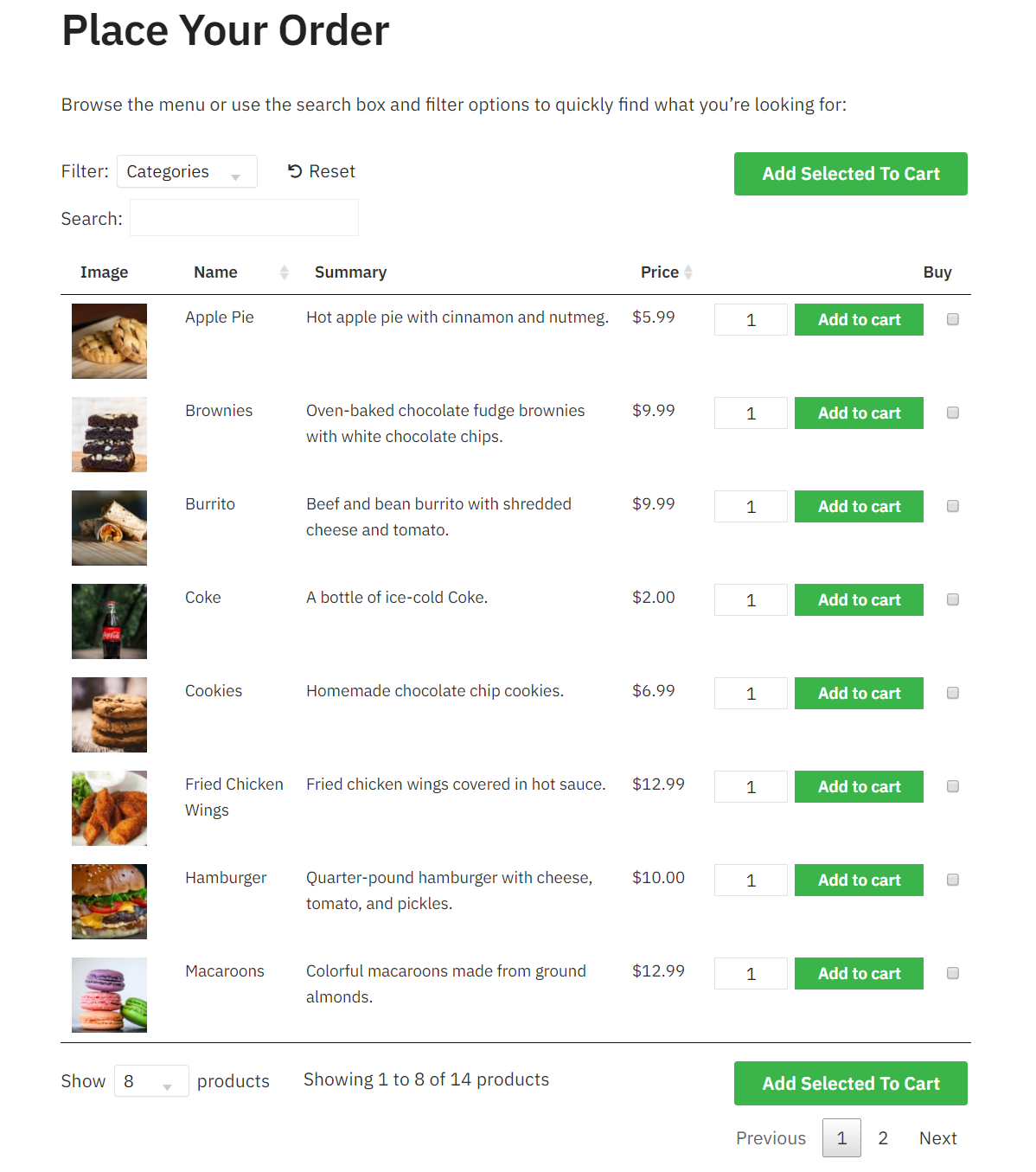 Food order form with instructions.