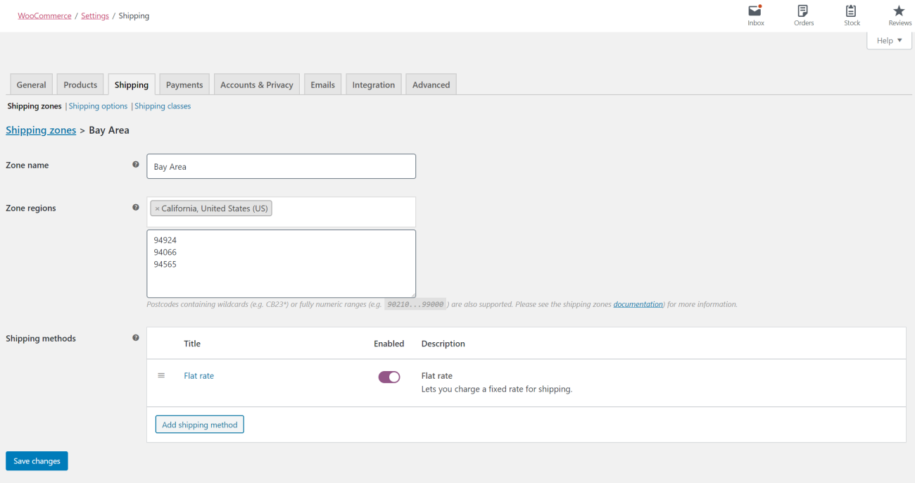 WooCommerce shipping zone settings