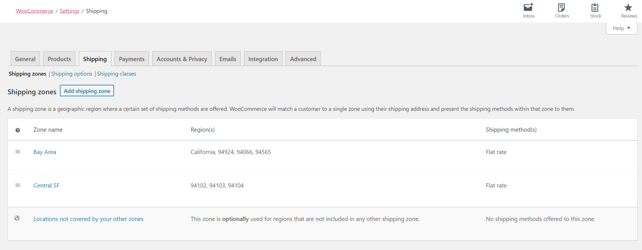 List of WooCommerce shipping zones.