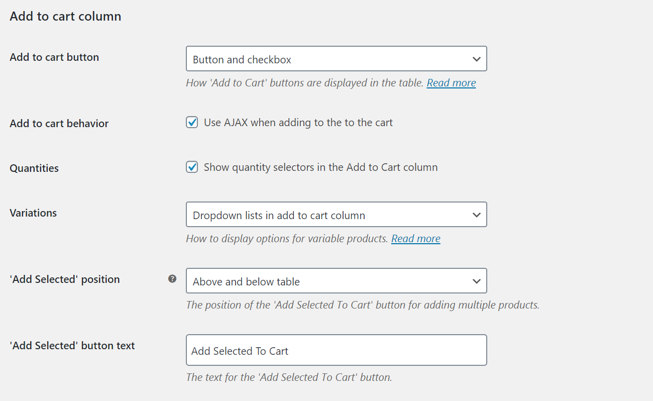 WooCommerce Product Table settings