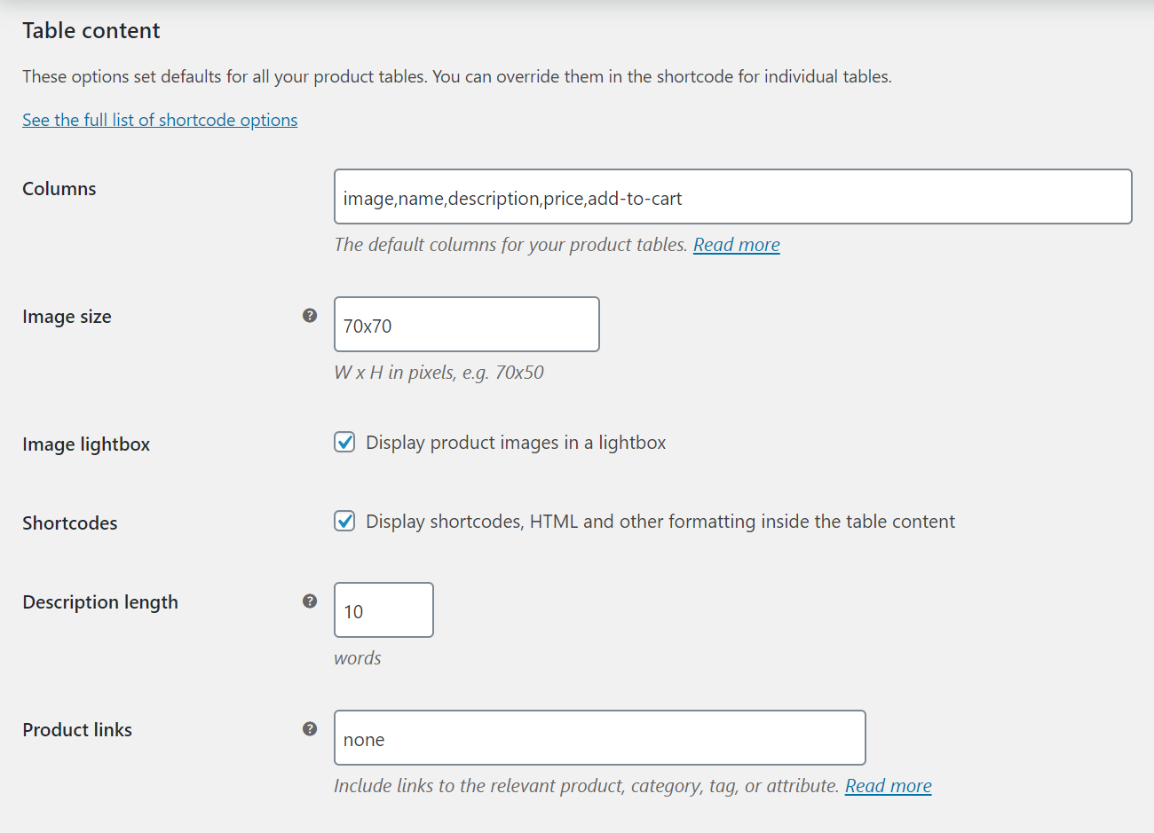 WooCommerce Product Table settings