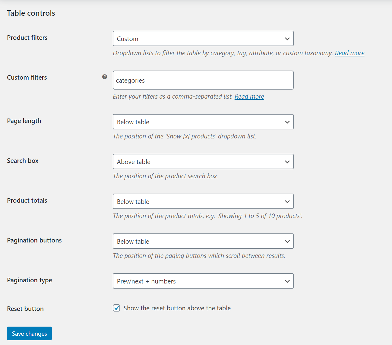 WooCommerce Product Table settings
