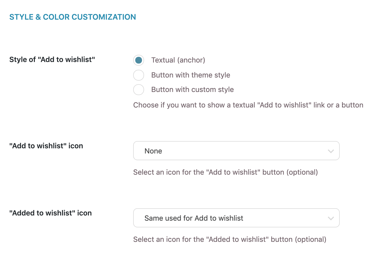 YITH Wishlist style settings