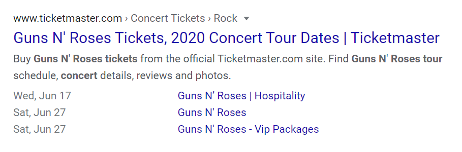 Guns and Roses events in SERPs