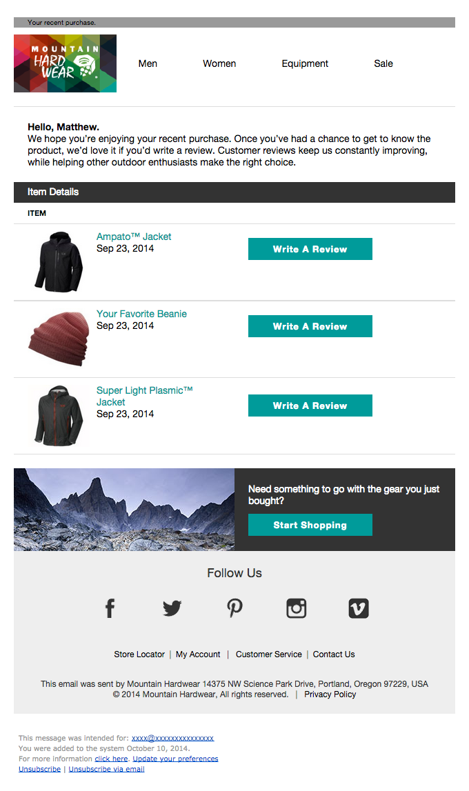 Mountain Hardware review request email