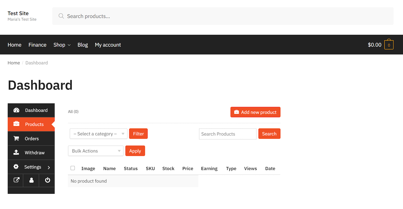 Vendor dashboard