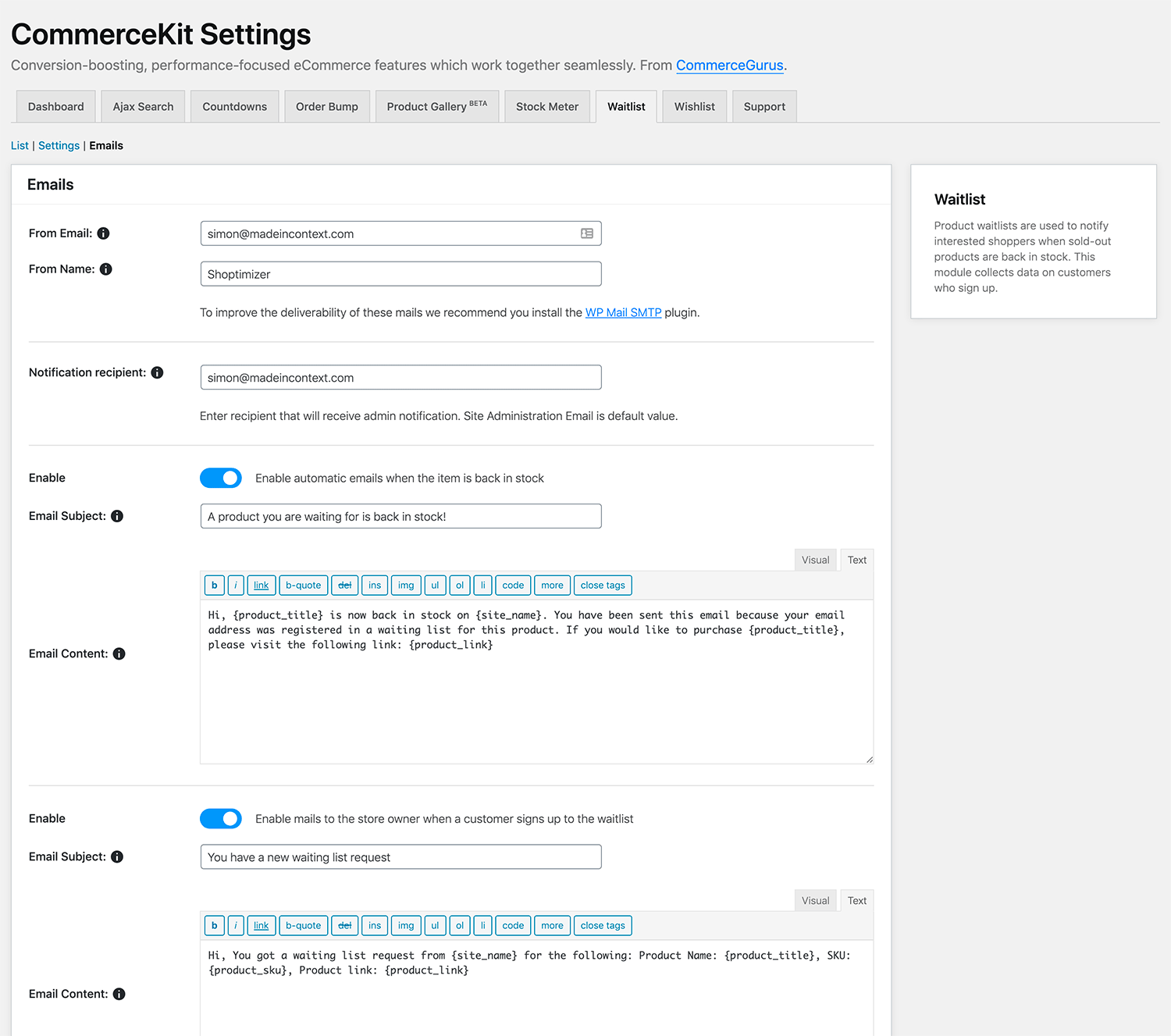 Waitlist email settings