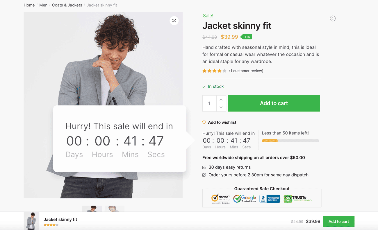 Countdown timer on product page