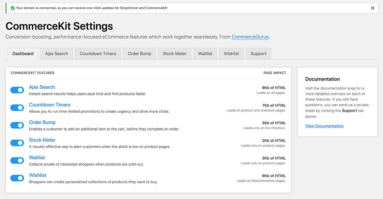 The CommerceKit plugin dashboard