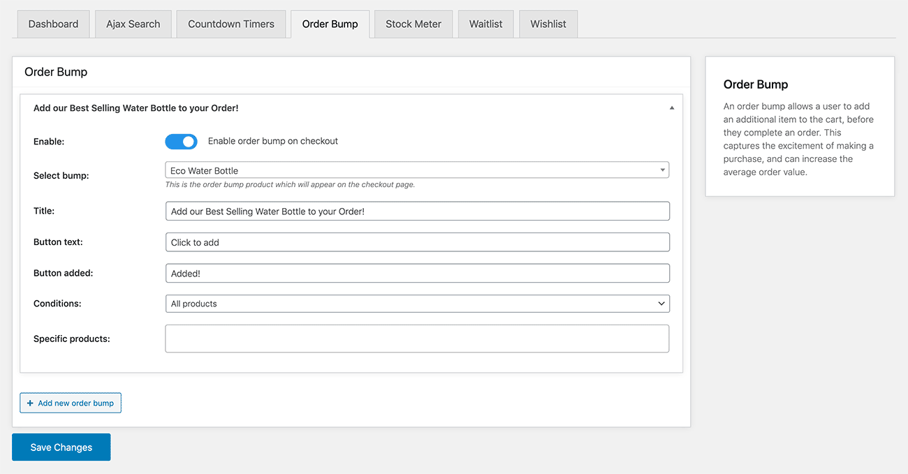 The CommerceKit Order Bump Settings area
