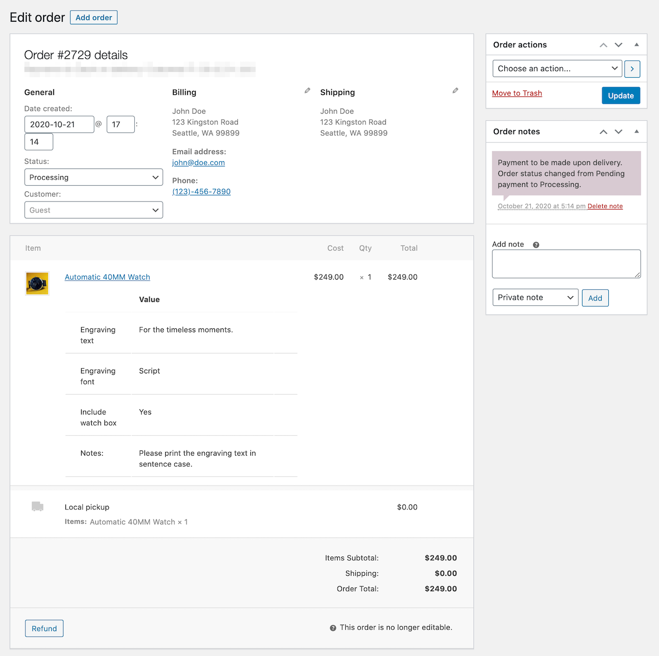 Order details on the back-end