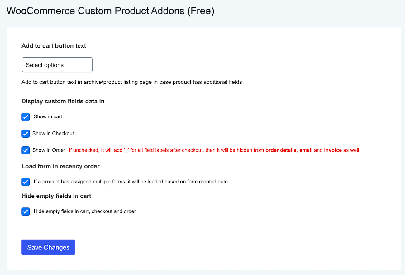 Product Addons for WooCommerce settings page.