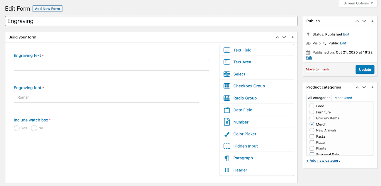 Product form settings