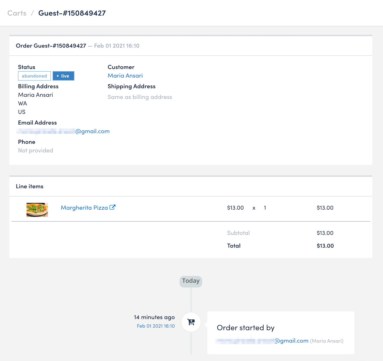 Jilt abandoned cart details