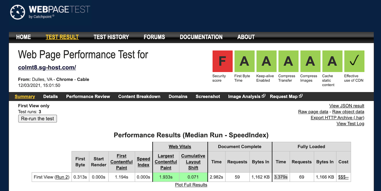 WebPageTest of the homepage