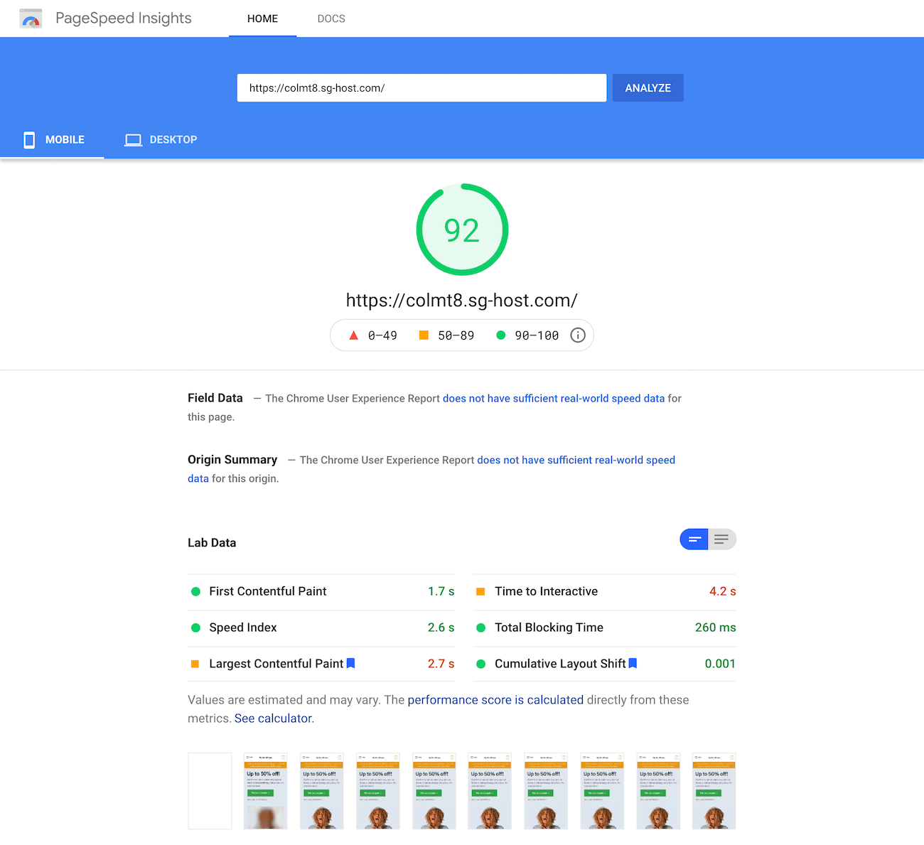 Google PageSpeed Insights test of the homepage