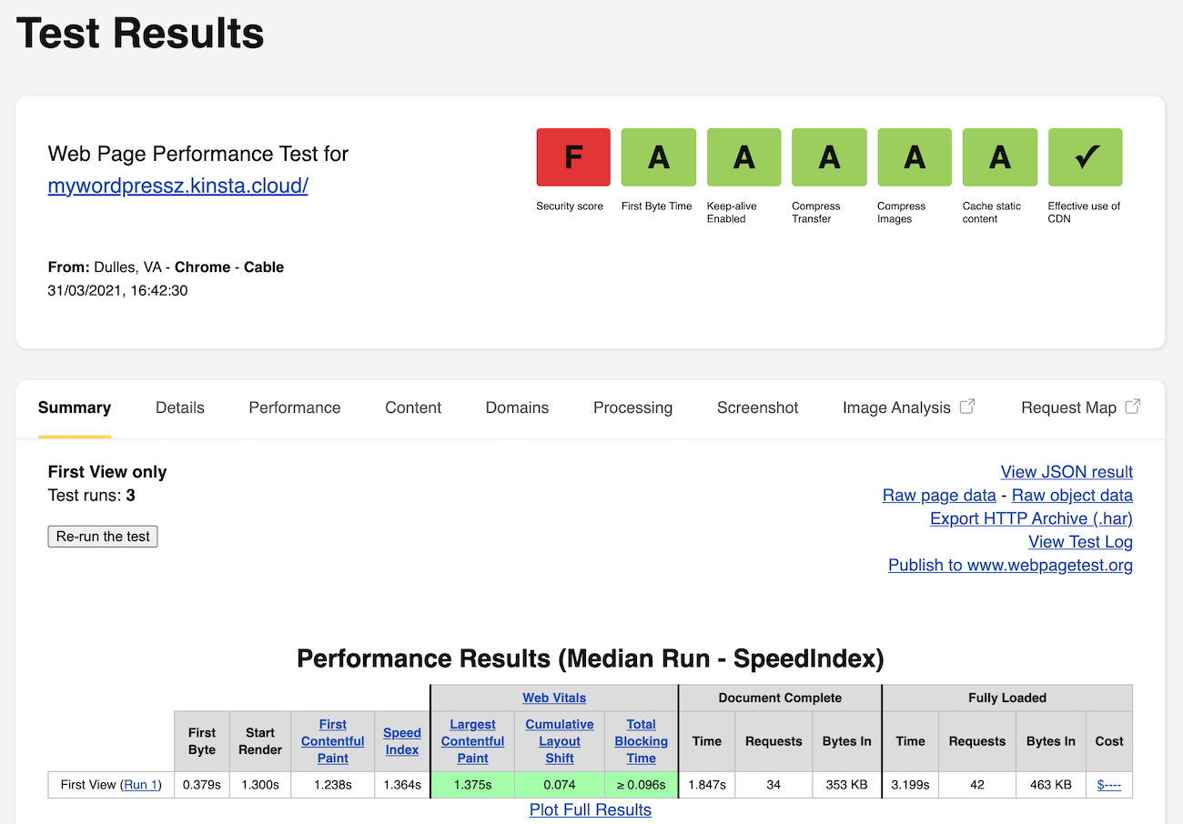 WebPageTest of the homepage