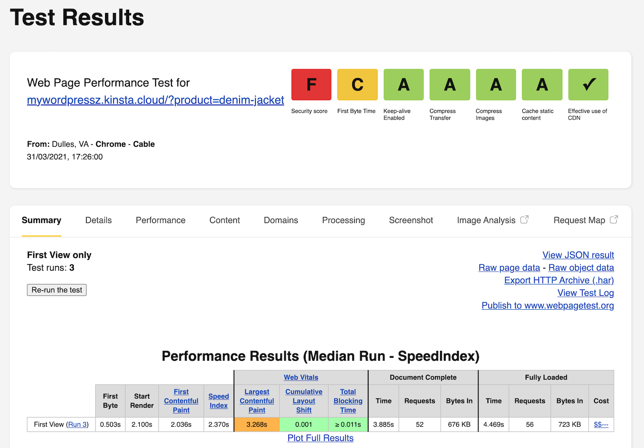 WebPageTest of the single product page