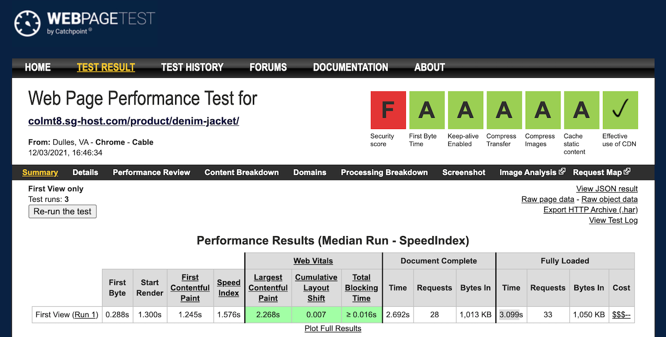 WebPageTest of the single product page