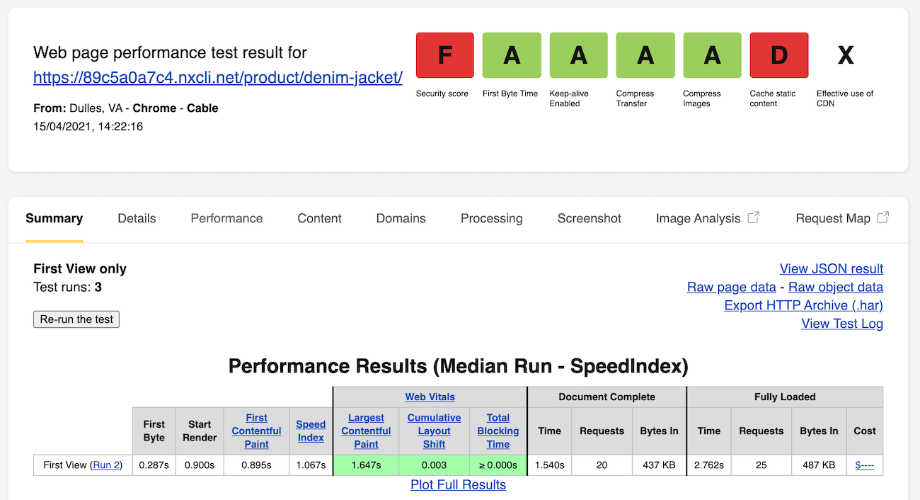 WebPageTest of the single product page